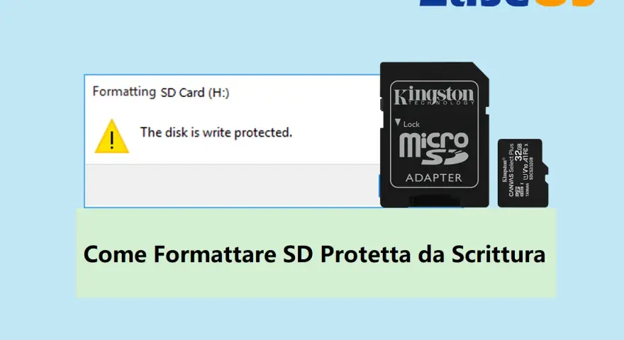 Immagine mostra come formattare scheda SD protetta da scrittura. Un messaggio di errore indica che il disco è protetto.