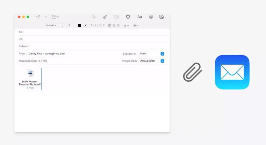 Interfaccia email con allegato PDF. L'opzione "Image Size: Actual Size" suggerisce la possibilità di cambiare estensione file o le sue dimensioni.
