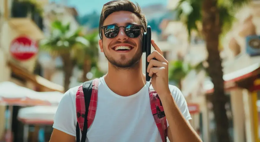 Giovane sorridente al telefono, con uno zaino a quadri rossi. Forse sta parlando con operatori telefonici in Canada, godendosi il sole.