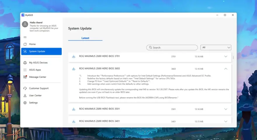 Aggiornare BIOS: MyASUS mostra le versioni disponibili per ROG MAXIMUS Z690 HERO, con dettagli per la versione 3603.