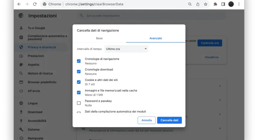 Impostazioni Chrome per eliminare file inutili dal PC: cronologia, cache e cookie.