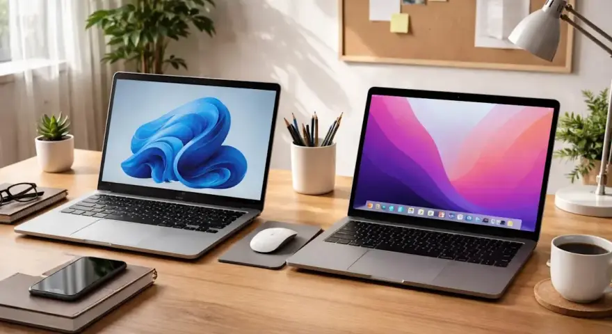 Due laptop su una scrivania di legno. Uno mostra Windows 11, l'altro macOS. Ideale per chi cerca il **Play Store PC** e altre app.