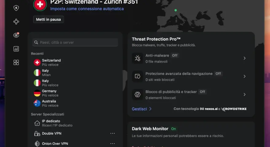 Interfaccia VPN che mostra la connessione a Zurigo, Svizzera, con opzioni per cambiare indirizzo IP e proteggere la navigazione.
