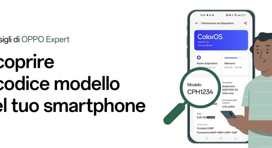 Un uomo guarda il suo smartphone OPPO, con una lente d'ingrandimento che evidenzia il modello CPH1234. Che telefono è questo?