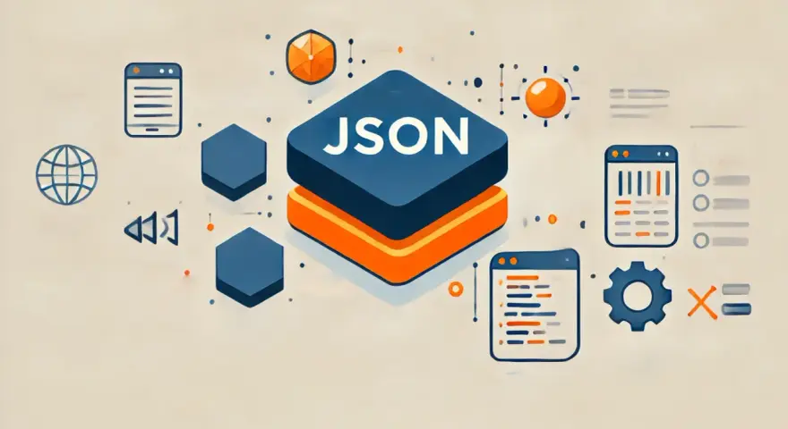 Icone stilizzate che rappresentano il formato file JSON, con elementi grafici come un globo, ingranaggi e finestre di codice.