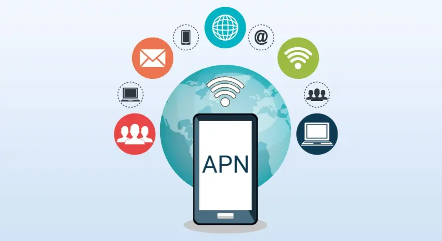 Smartphone con scritta APN, circondato da icone di connessione e servizi, simboleggia la connettività globale.