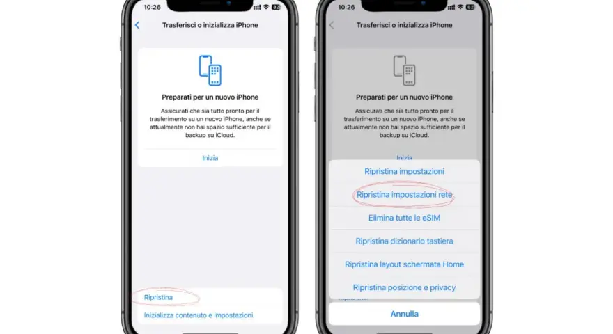 Schermate iPhone che mostrano come ripristinare le impostazioni di rete, un passaggio utile per risolvere problemi di connessione, prima di pensare a come attivare hotspot su iPhone.