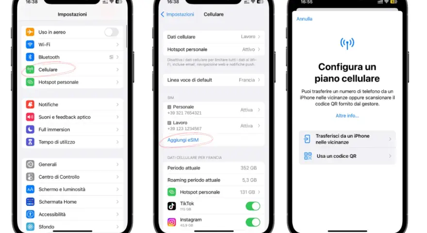 Configurazione piano cellulare su iPhone 13 con eSIM.