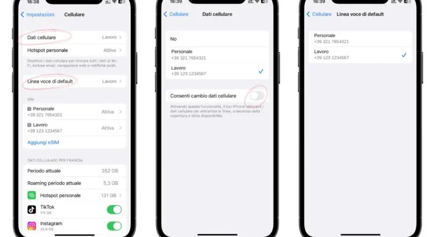 Impostazioni cellulare per dual SIM: scelta dati, hotspot, linea voce di default e gestione SIM.