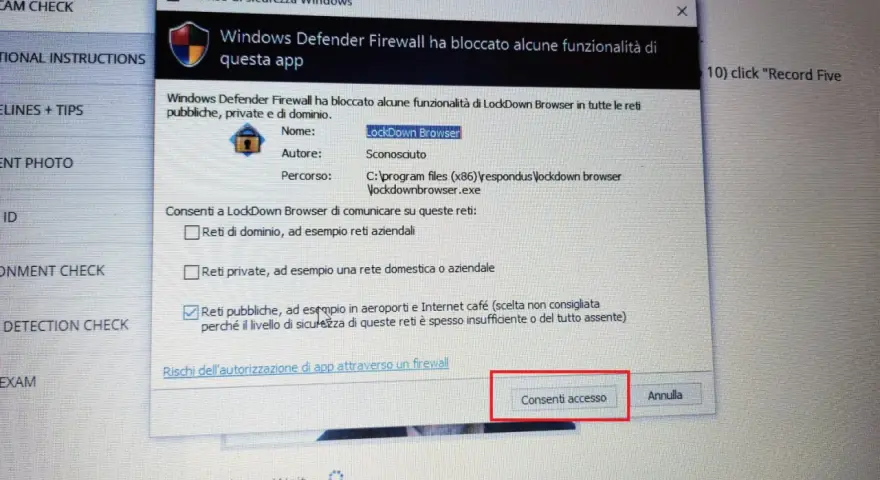 Firewall blocca LockDown Browser. Consenti accesso per reti pubbliche, aeroporti e caffè Internet.