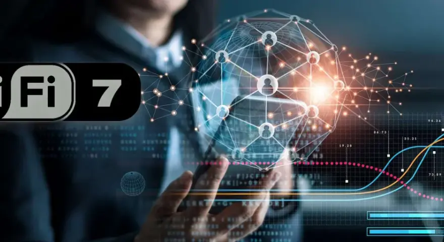 Logo Wi-Fi 7 su sfondo di rete globale e grafici di dati.