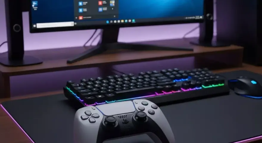 Controller DualSense PS5 pronto per essere collegato al PC. Tastiera e mouse RGB completano la postazione gaming.