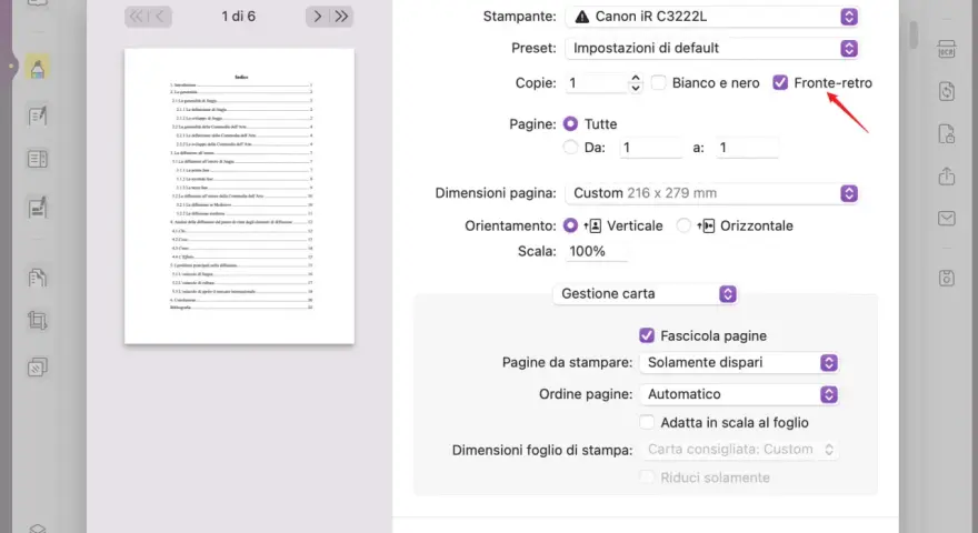 Impostazioni di stampa: seleziona "Fronte-retro" per stampare su entrambi i lati del foglio.