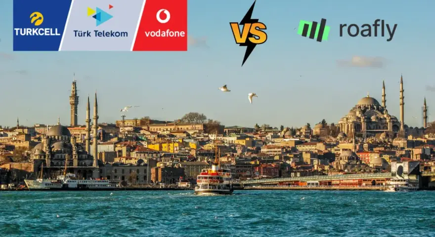 Confronto tra operatori per l'internet in Turchia: Turkcell, Türk Telekom, Vodafone contro Roafly. Skyline di Istanbul sullo sfondo.