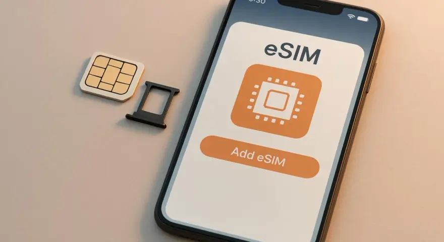 Smartphone con opzione "Add eSIM" e SIM fisica accanto, ideale per chi viaggia e fa roaming USA.