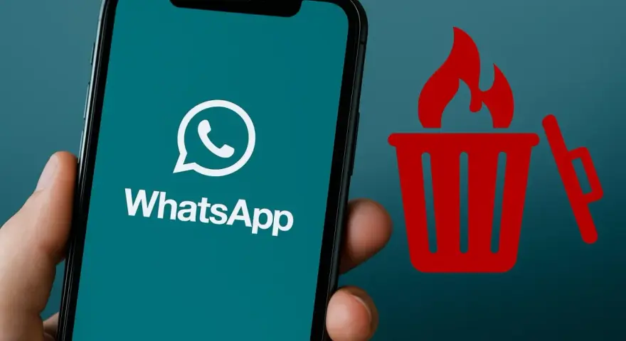 Schermo di uno smartphone con logo WhatsApp e icona di un cestino in fiamme. Guida su come svuotare il cestino del cellulare.