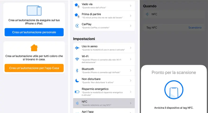 Configurazione automazione iPhone: seleziona NFC per creare un'azione con tag NFC.