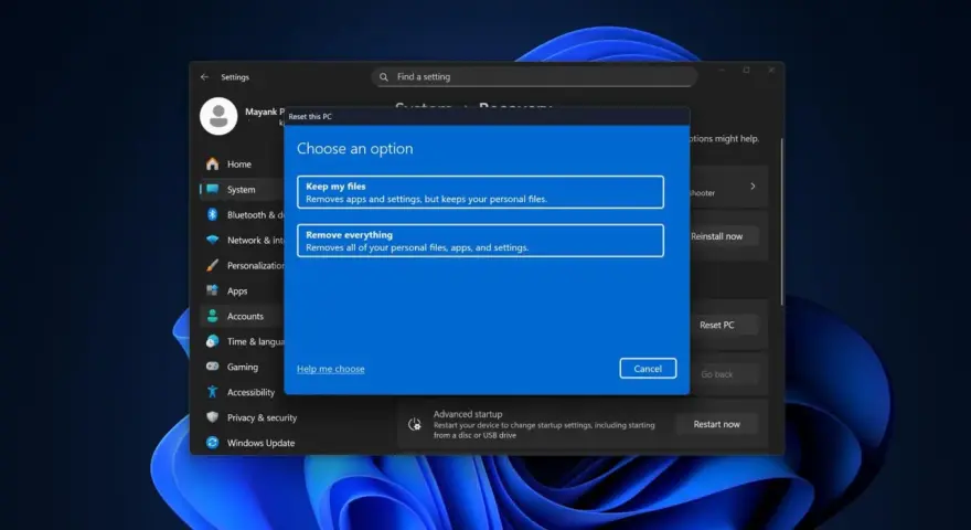 Schermata di Windows 11 che mostra le opzioni per resettare il PC, utile per chi vuole capire come passare da Windows 10 a Windows 11 mantenendo i file.