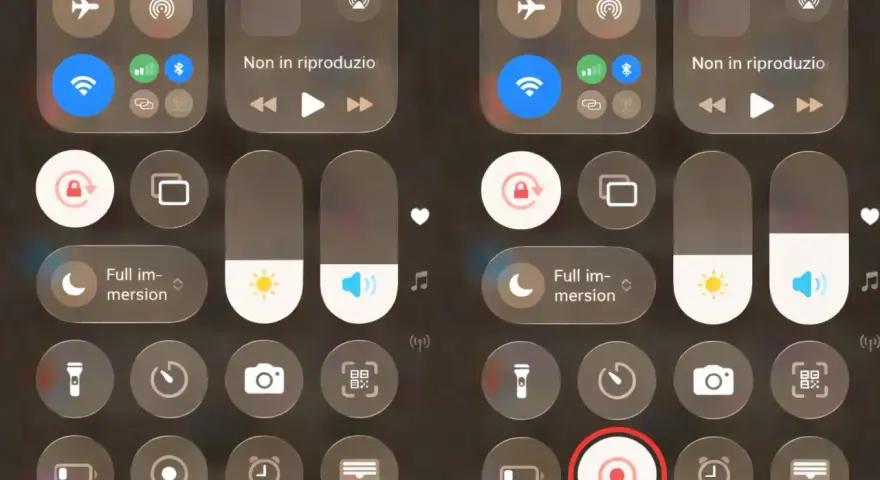 Pannello di controllo con icone per attivare la registrazione dello schermo, torcia, fotocamera e altre funzioni.