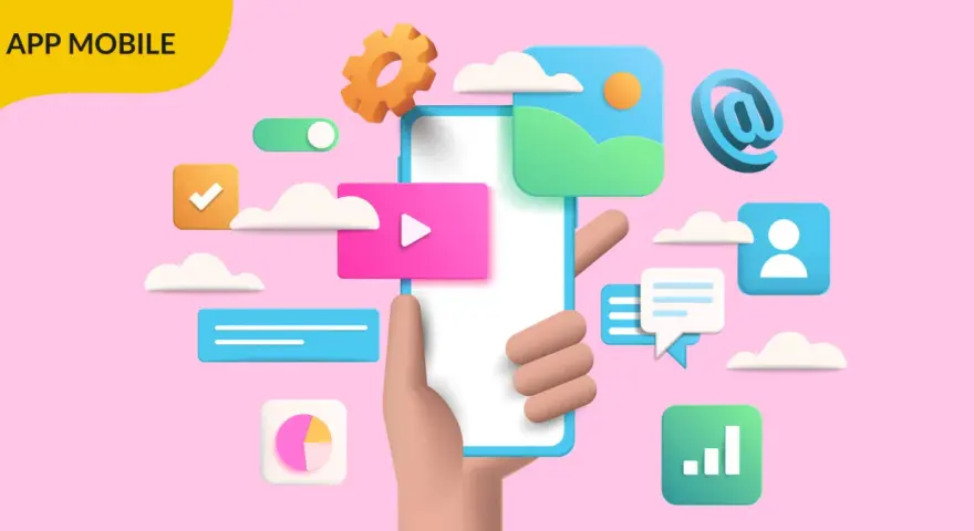 Illustrazione 3D che mostra come creare un app: mano che tiene uno smartphone con icone di social media, messaggi, grafici e impostazioni.