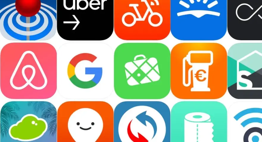 Icone di app per organizzare viaggi: Uber, Airbnb, Google Maps, e altre utility per spostamenti e servizi.