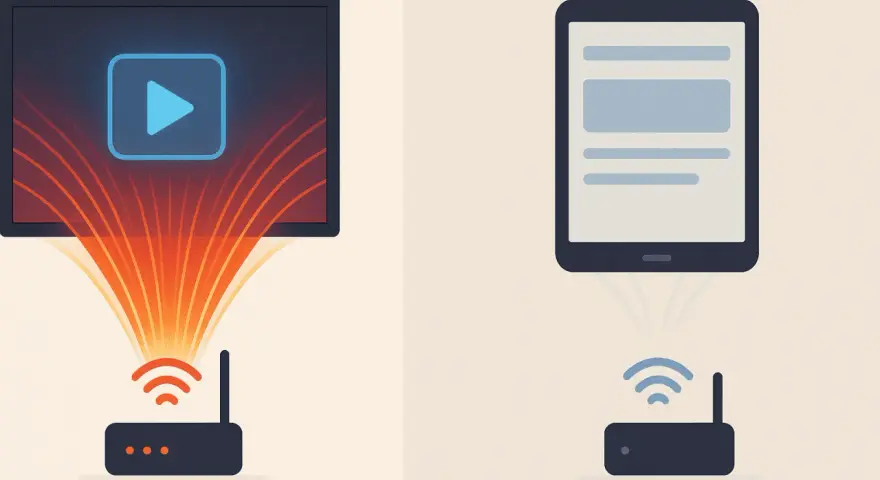 Un router alimenta un televisore con un'icona di riproduzione e un tablet. Quanto dura la navigazione con 1 giga?
