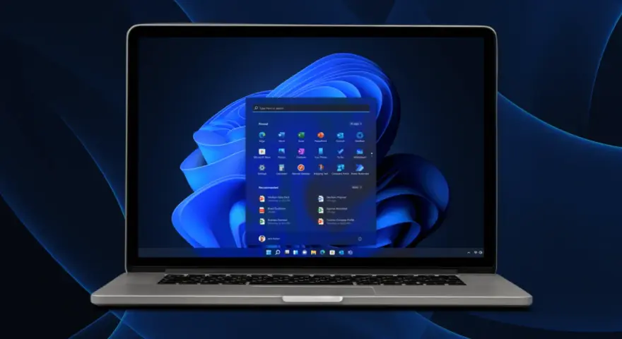 Screenshot di Windows 11 con menu Start aperto, mostra app pinnate e consigliate.