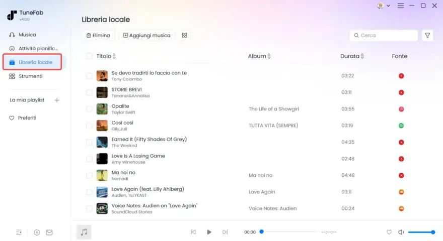 Interfaccia TuneFab, sezione "Libreria locale", utile per organizzare la musica e scoprire come scaricare suonerie gratis.