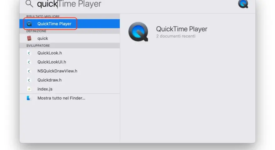 Ricerca "QuickTime Player" per registrare schermo Mac. App selezionata in alto.