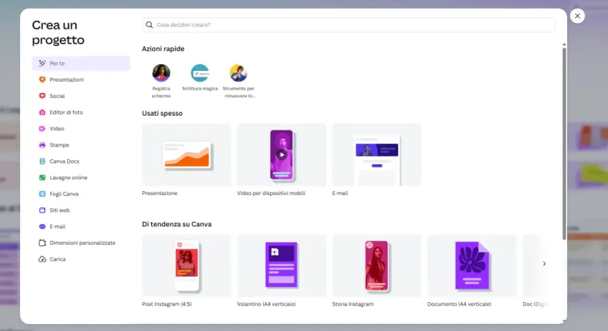 Interfaccia di Canva per creare progetti: mostra opzioni come "Presentazione", "Video per dispositivi mobili" e "Storia Instagram", spiegando come si usa Canva per iniziare.