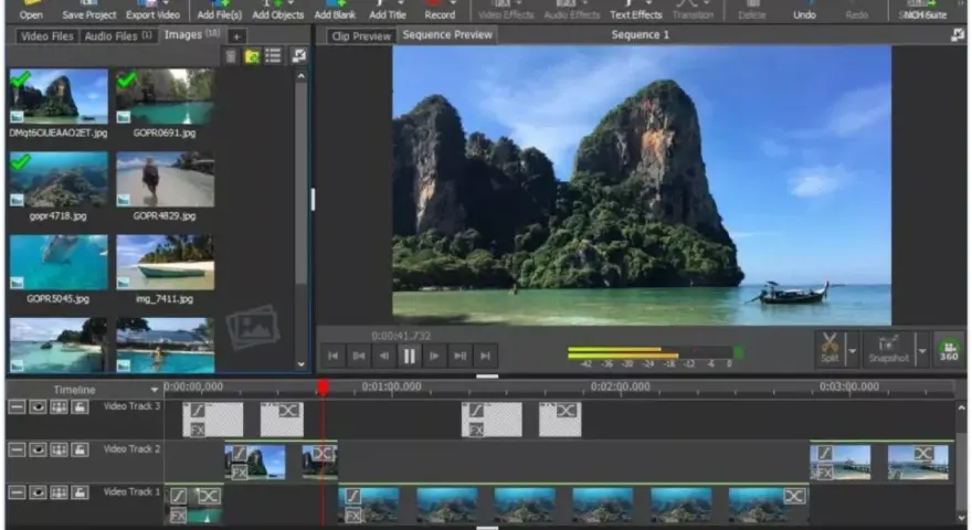 Interfaccia di VideoPad Professional, uno dei programmi per montare video, con clip di paesaggi esotici e timeline di editing.
