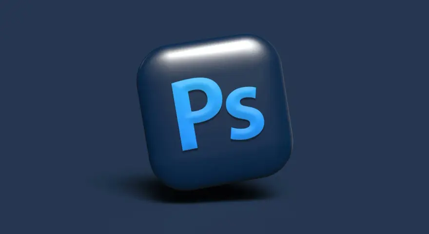 Icona 3D di Photoshop con lettere blu su sfondo blu scuro. Ottieni il tuo photoshop gratis!