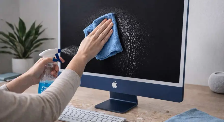 Mani che spruzzano liquido per pulire schermo pc con un panno azzurro su un iMac blu.