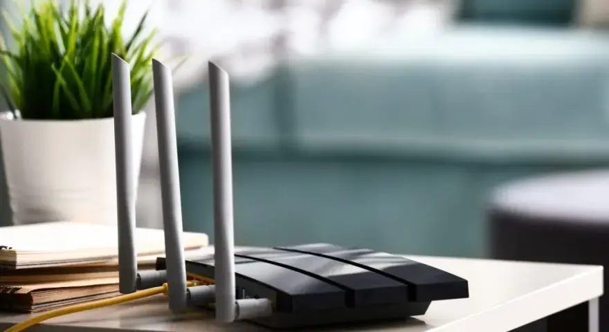 Router Wi-Fi nero con antenne, pronto per entrare nel modem e connettere la casa.