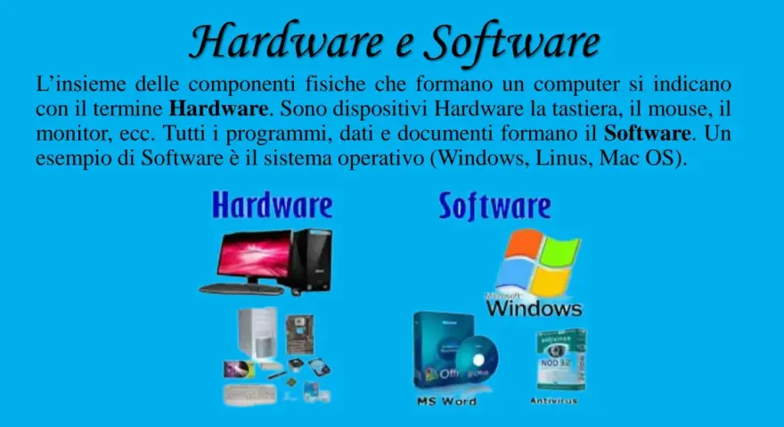 Hardware e Software: il primo è l'insieme delle componenti fisiche, il secondo i programmi. Esempi di Software: Windows, MS Word, Antivirus.