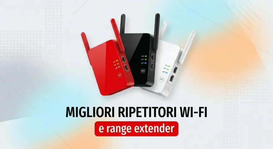 Tre ripetitori Wi-Fi in rosso, nero e bianco mostrano come funziona un range extender per ampliare la copertura di rete.