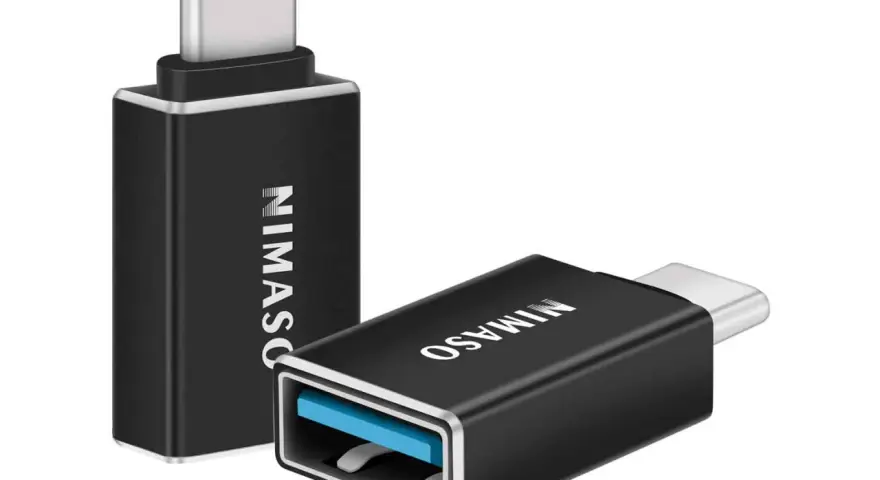 Adattatori OTG Android neri con logo NIMASO. Uno ha un connettore USB-C maschio, l'altro una porta USB-A femmina.