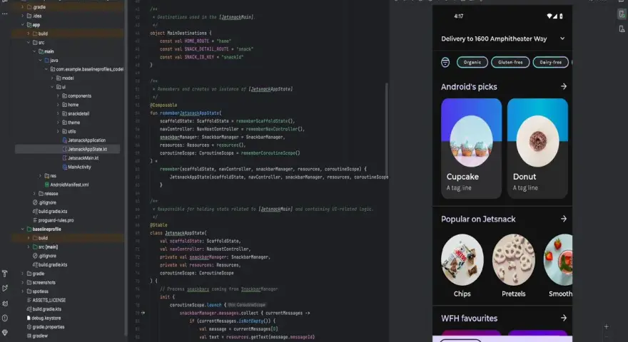 Schermata di Android Studio che mostra codice Kotlin per creare app gratis.