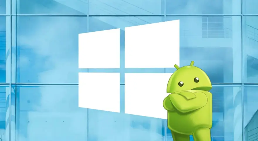 L'icona di Android si staglia fiera davanti al logo di Windows, un'unione di sistemi operativi su PC.
