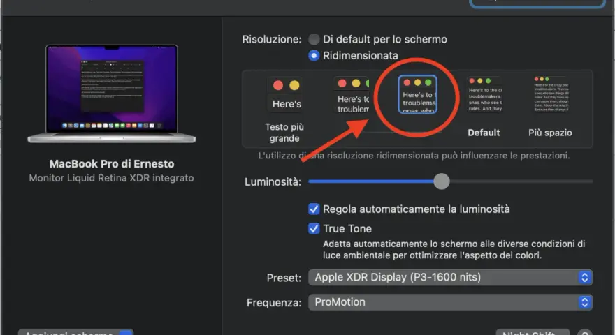 Impostazioni schermo: per come ingrandire lo schermo del pc, seleziona "Ridimensionata" e scegli la risoluzione desiderata.