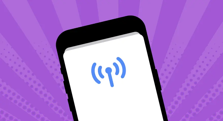 Schermata di un iPhone XR con icona segnale e sfondo viola. La tecnologia eSIM rende tutto più semplice.