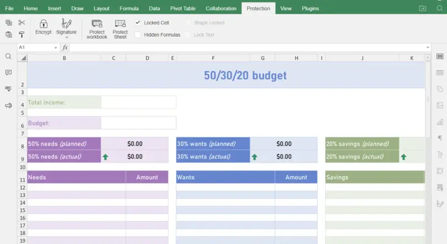 Interfaccia di ONLYOFFICE per rimuovere protezione foglio excel. Il foglio mostra un modello di budget 50/30/20 con sezioni per bisogni, desideri e risparmi.
