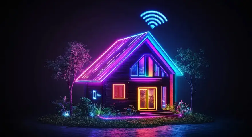 Casa futuristica illuminata da neon, con segnale Wi-Fi luminoso. La fibra FTTC porta la connessione ultraveloce in questa dimora smart.