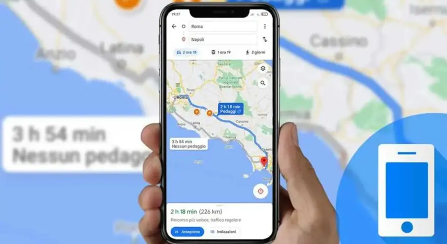 Navigazione su smartphone: mostra come mandare la posizione con Google Maps, confrontando percorsi con e senza pedaggio da Roma a Napoli.