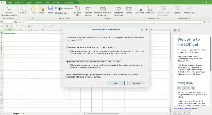 Assistente compatibilità SoftMaker FreeOffice, un pacchetto office gratis, per scegliere formati file predefiniti.