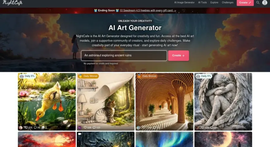 NightCafe, un AI Art Generator, offre un'interfaccia per creare arte digitale. Mostra un'anatra, un gatto, un tunnel e un angelo.