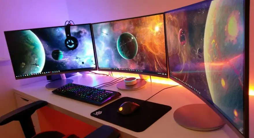 Postazione gaming con tre monitor curvi che mostrano pianeti spaziali. La tastiera e il mouse sono illuminati, pronti per ruotare schermo pc e immergersi nell'avventura.