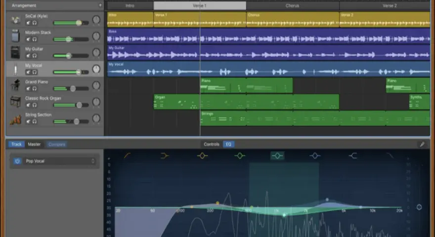 Interfaccia di un software per registrare audio pc. Mostra tracce musicali, strumenti virtuali e un equalizzatore grafico.
