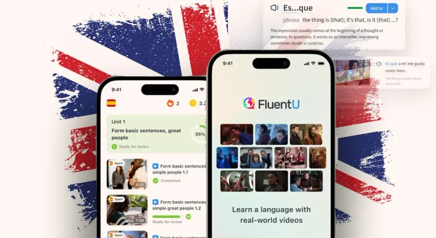 Due smartphone mostrano l'app FluentU per imparare inglese, con video e lezioni. La bandiera britannica sullo sfondo simboleggia la lingua.