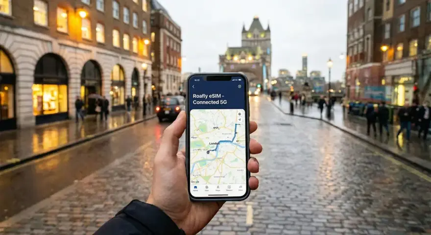 Mano che tiene uno smartphone con mappa di Londra e connessione 5G, sullo sfondo una strada bagnata e palazzi caratteristici.